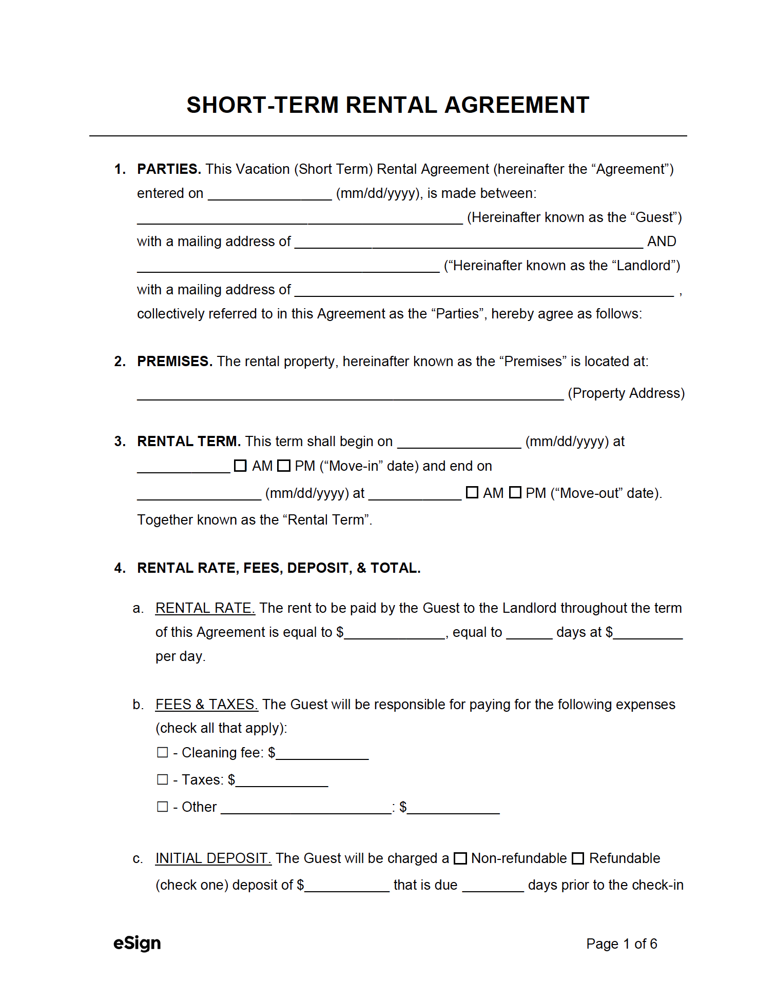 Printable Blank Rental Agreement Form