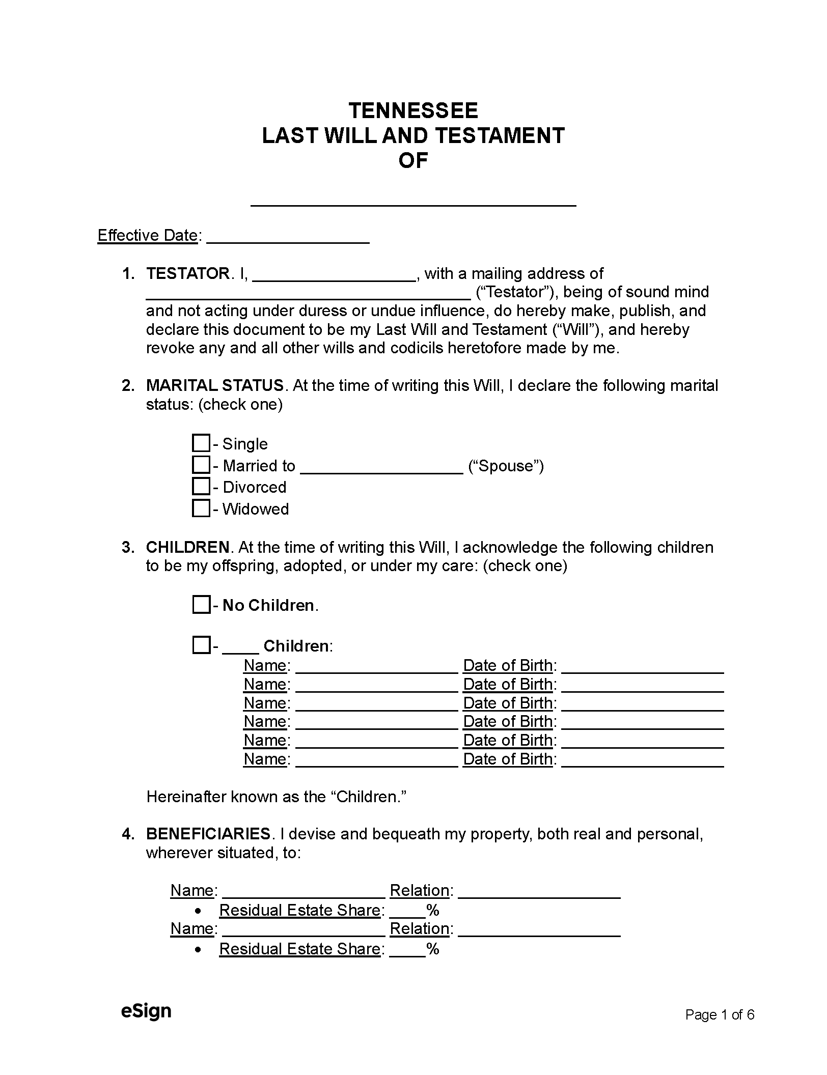 Free Tennessee Last Will amp Testament PDF Word