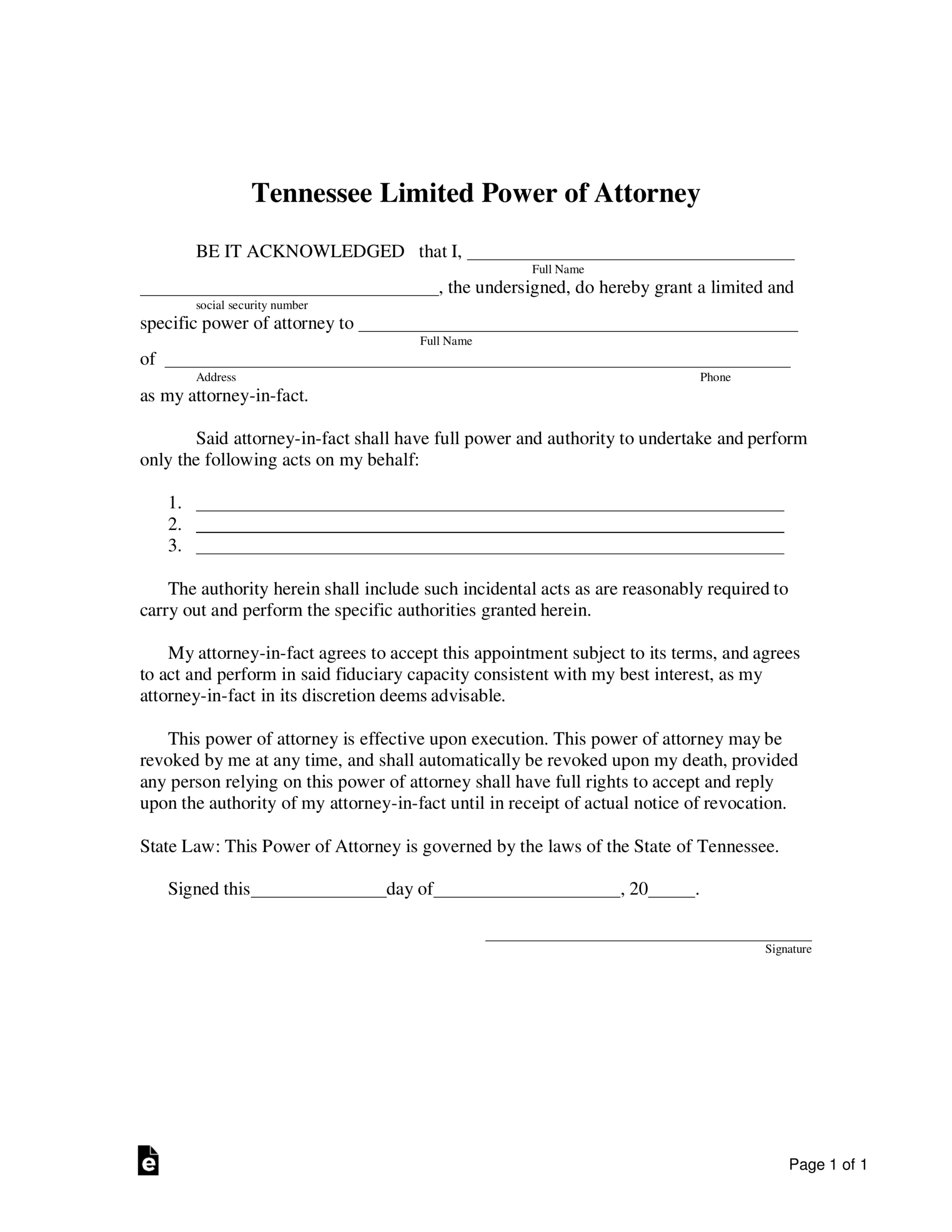 Free Tennessee Limited Power Of Attorney Form PDF Word EForms