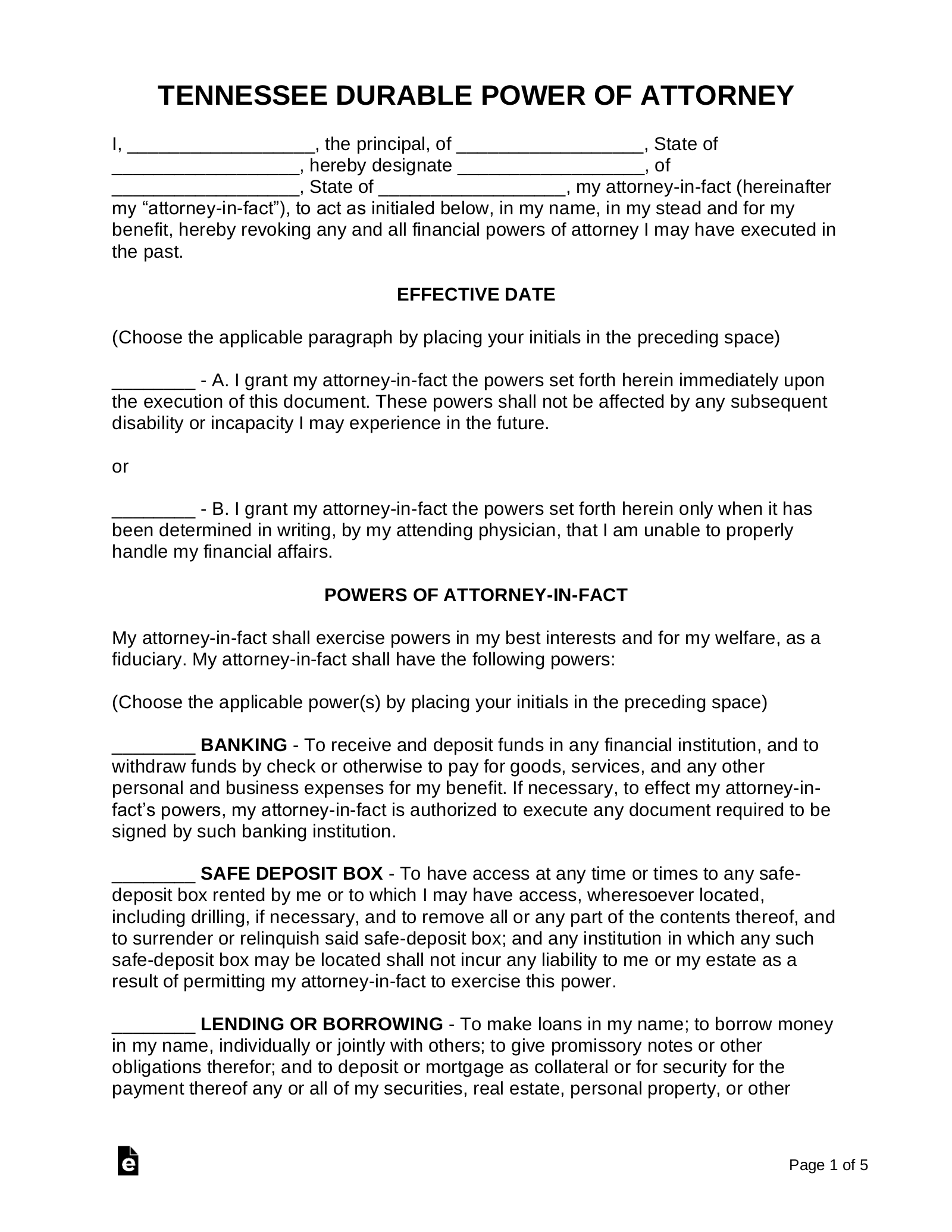Free Tennessee Power Of Attorney Forms 10 Types PDF Word 