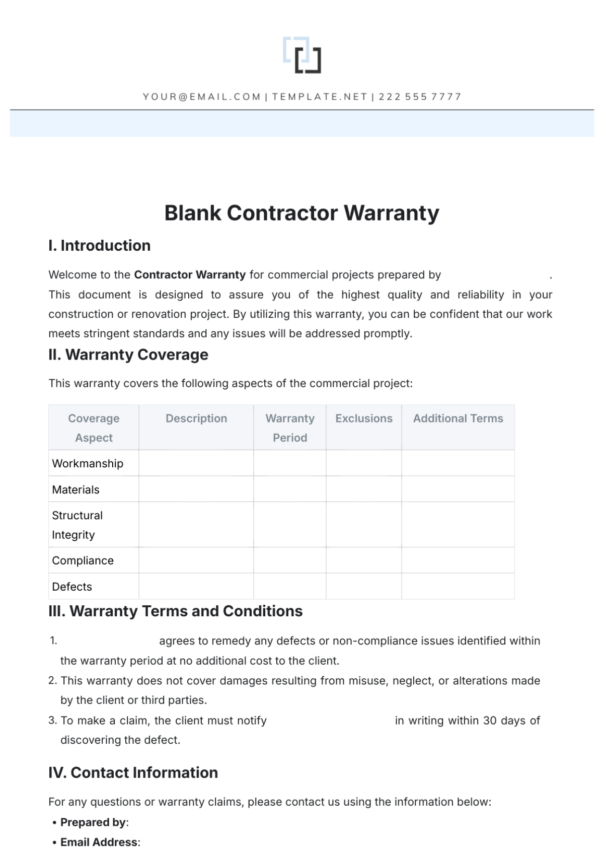 Blank Printable Warranty Form