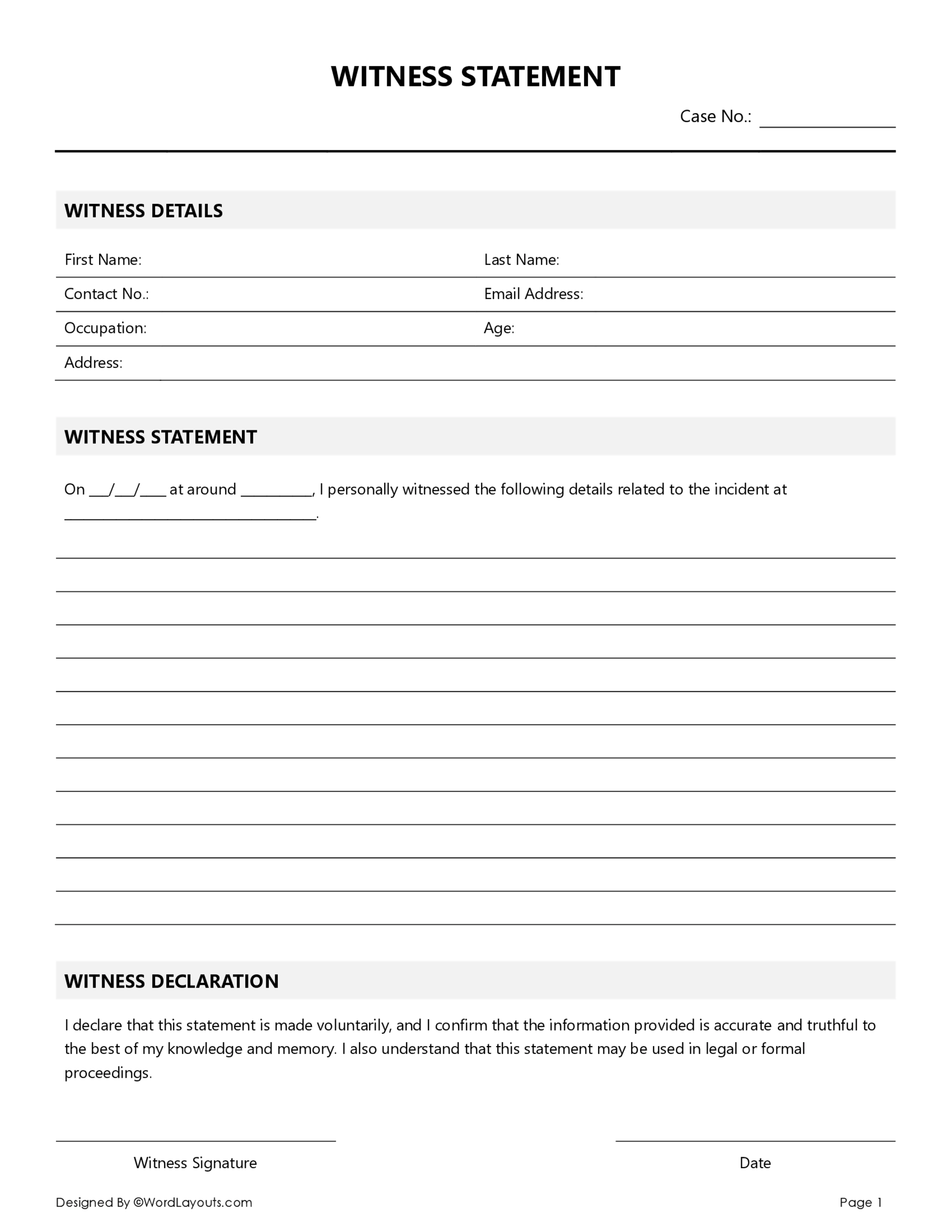 Free Witness Statement Template WordLayouts