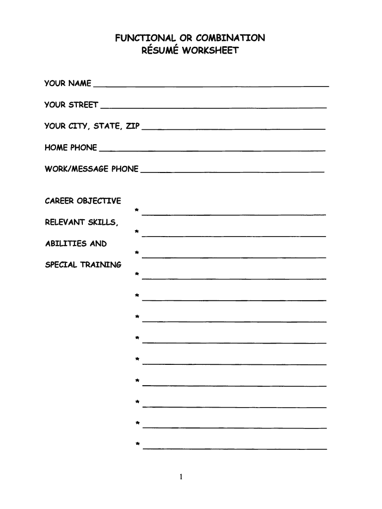 Functional Or Combination Resume Worksheet Form Fill Online 
