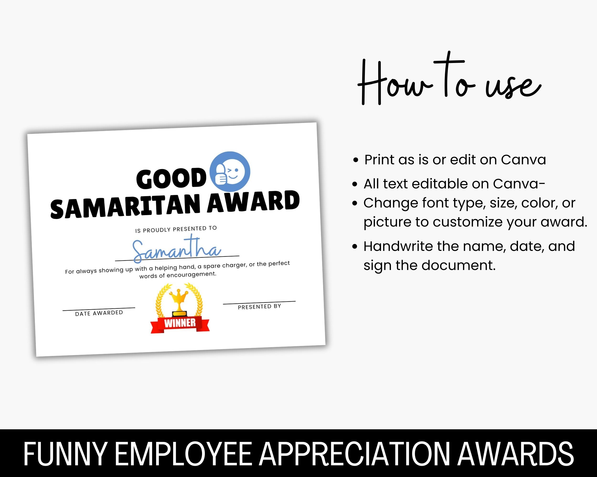 Funny Employee Appreciation Award Certificate Office Recognition 