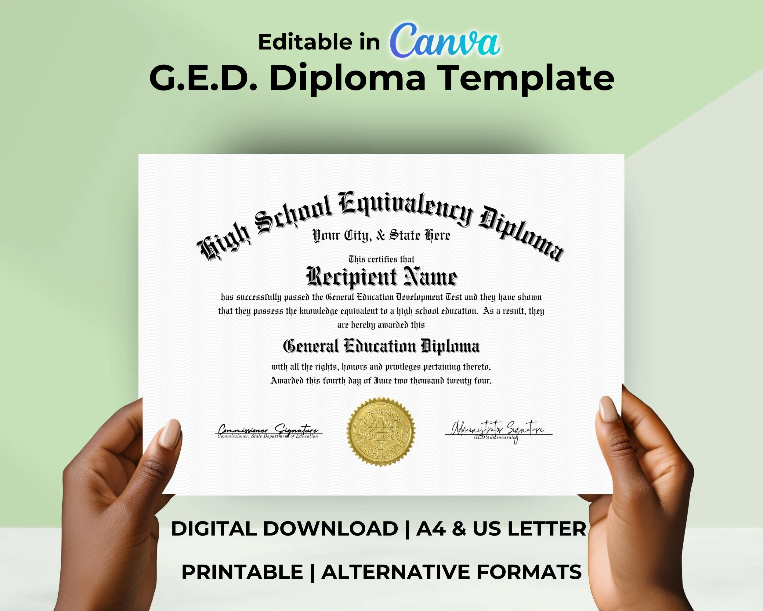 GED Diploma Vorlage Mit Goldenem Siegel Druckbares Abitur 