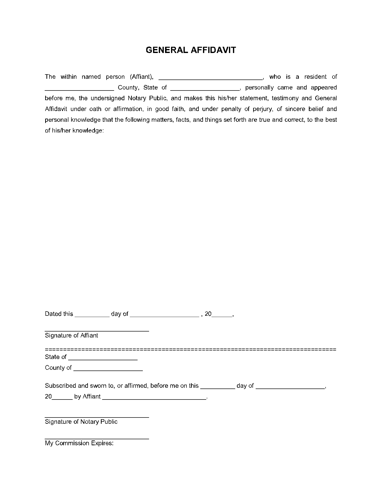 General Affidavit Form Free amp Printable Blank PDF Example