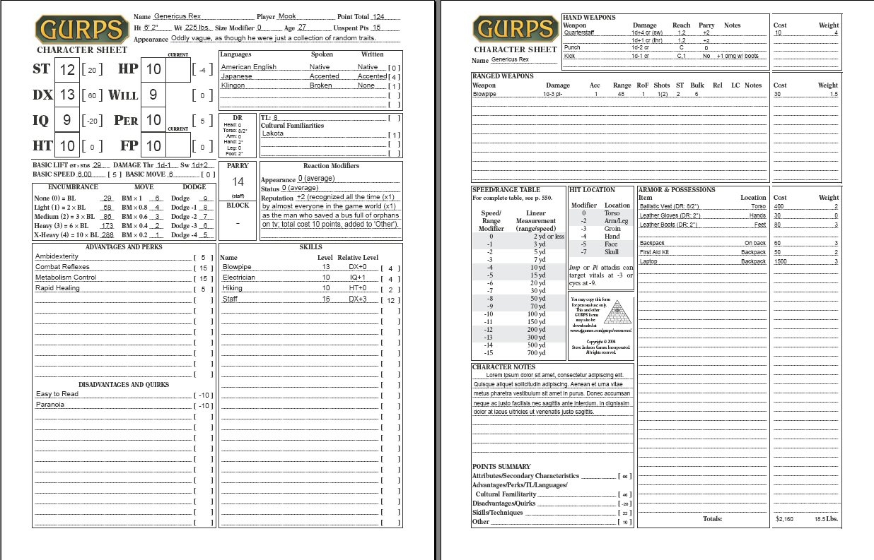 GURPS 4e Interactive Fillable PDF Character Sheet Steve Jackson 