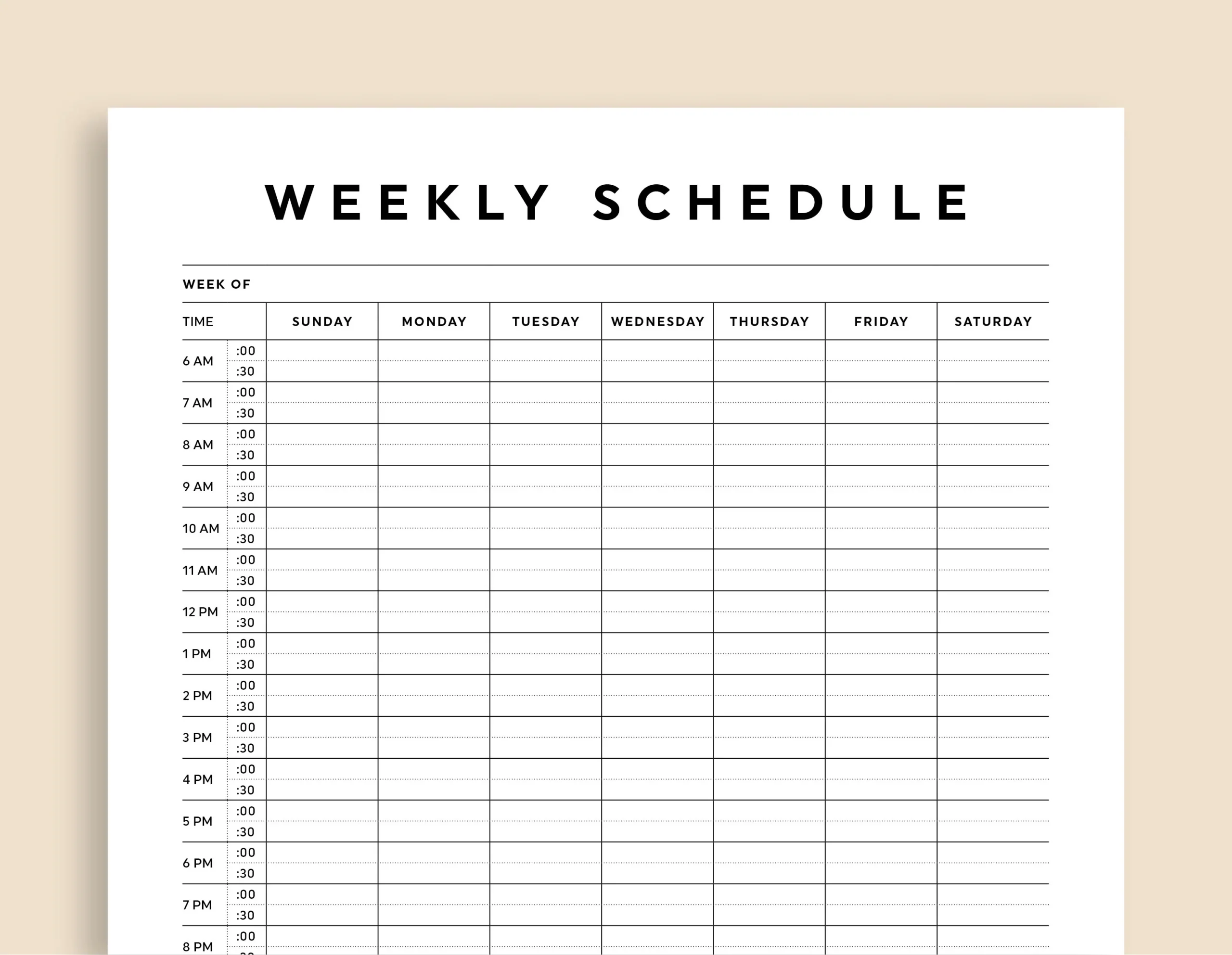 Blank Weekly Hourly Schedule Printable