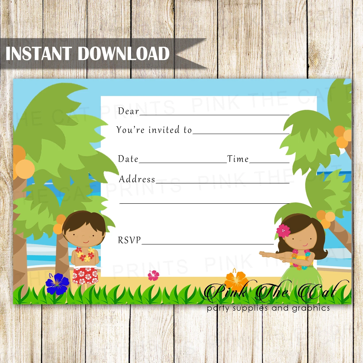 Hawaiian Luau Invitation Fill In Kids Birthday Printable Download 