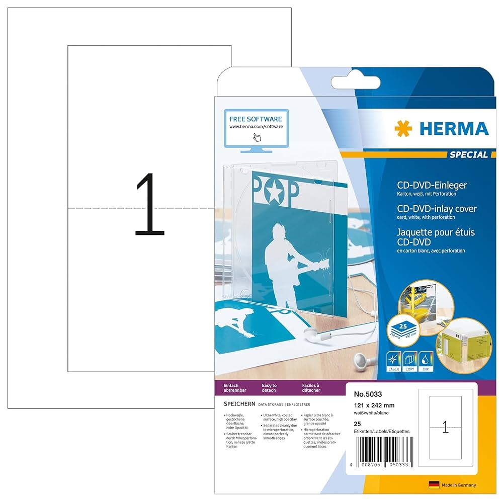 HERMA 5033 CD DVD Inserts For Slim Case Perforated 25 Sheets 121 X 242 Mm 1 Per A4 Sheet Pack Of 25 Printable Matte Blank Paper Cover Inlays White 