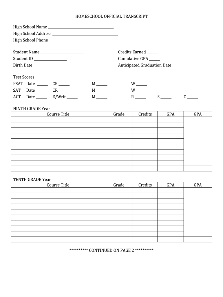 Homeschool Official Transcript Form Fill Online Printable 