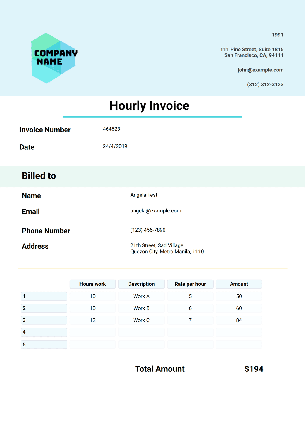 Printable Blank Hourly Invoice