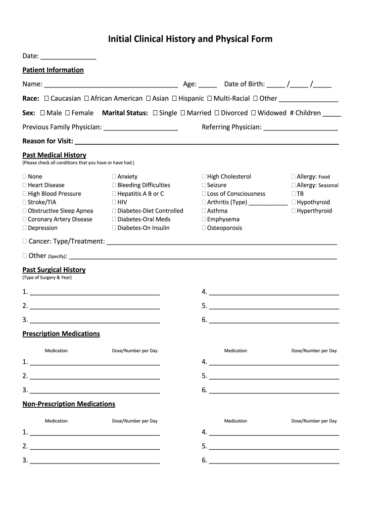 Initial Clinical History And Physical Form Fill Online 