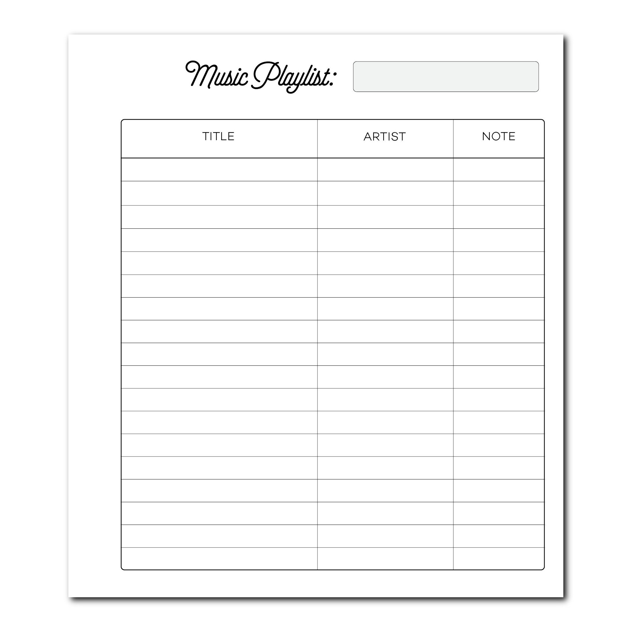 Insert List Of Songs 10 Sheets Hooh Shop