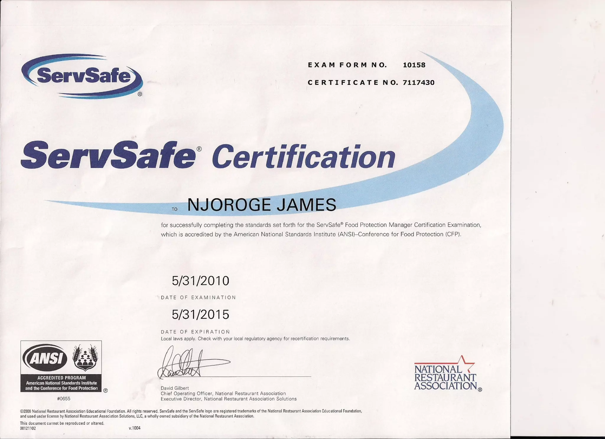 JAMES NJOROGE SERVSAFE CERT PDF