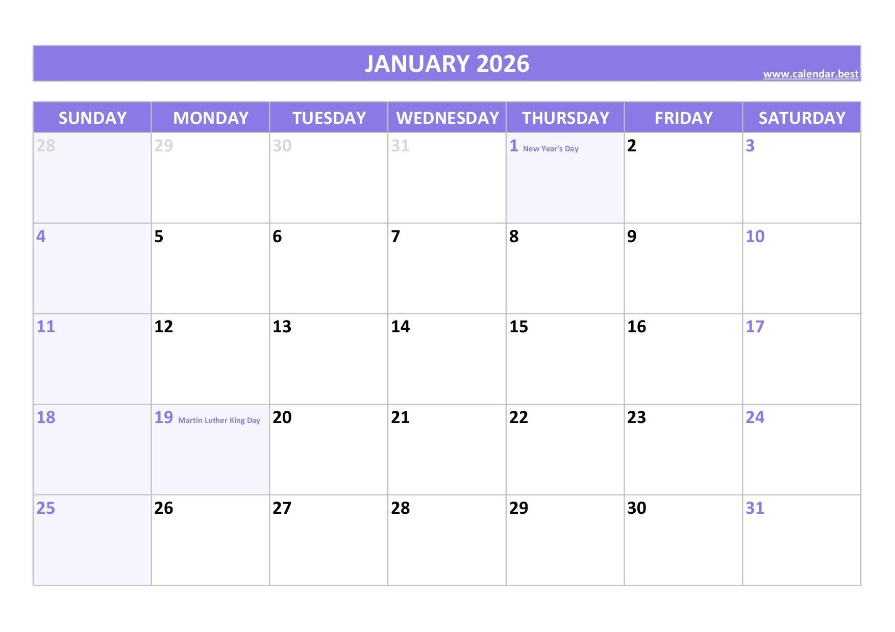 Printable Blank Calendar January 2026