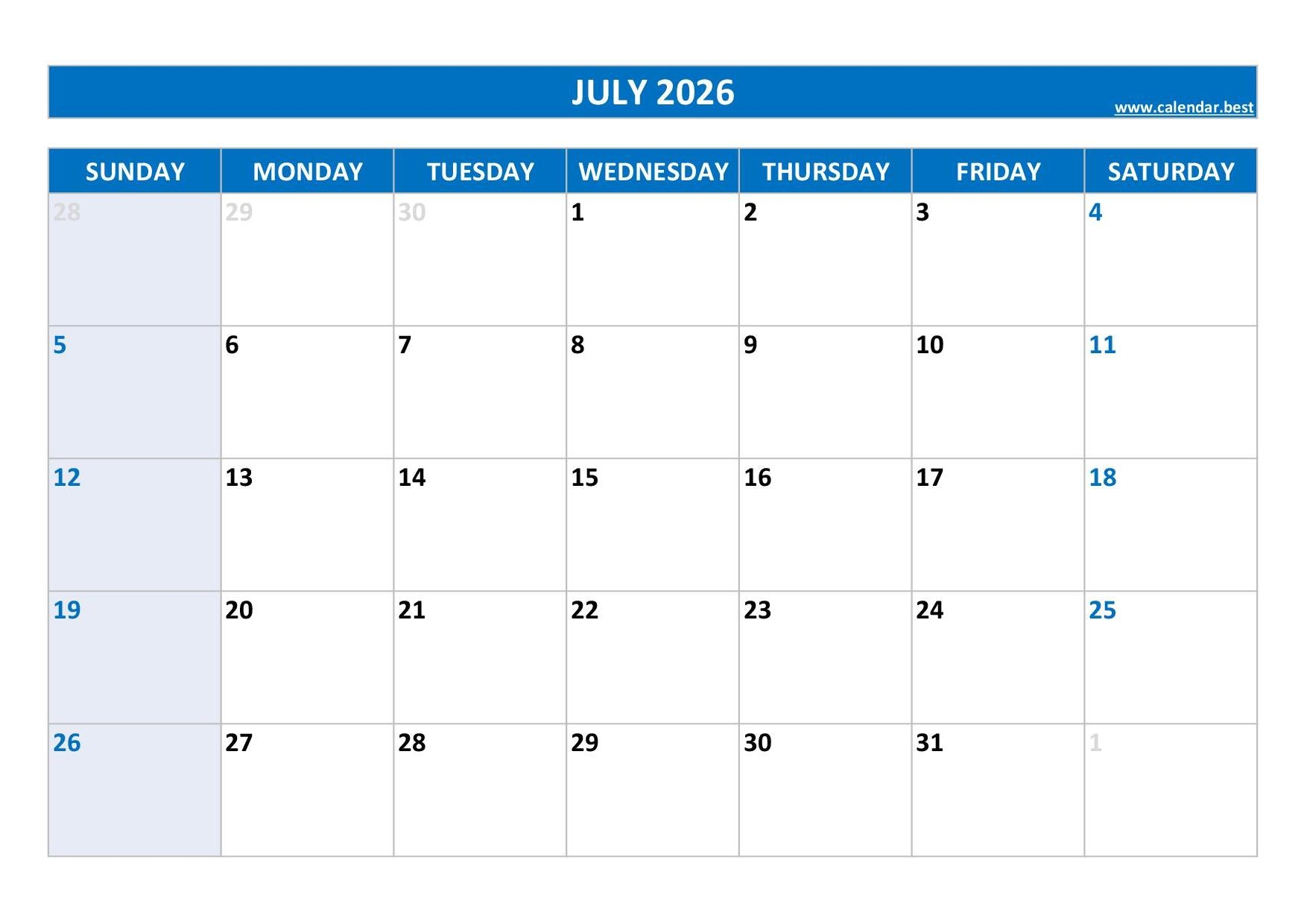 July 2026 Blank Printable Calendar