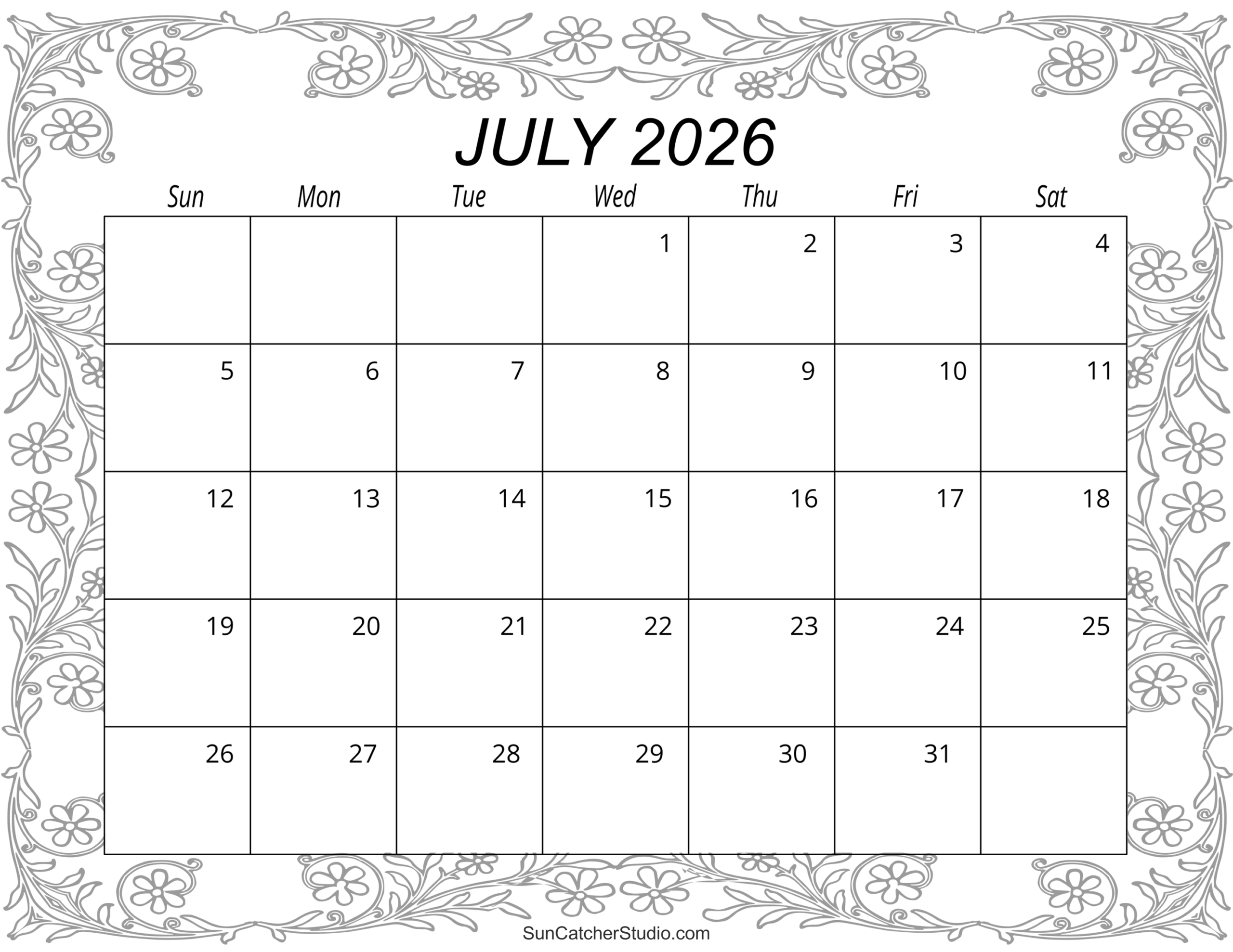 Blank Printable Calendar July 2026