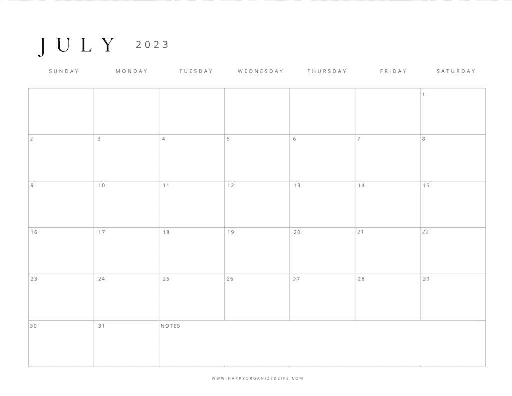 Blank July Calendar Printable