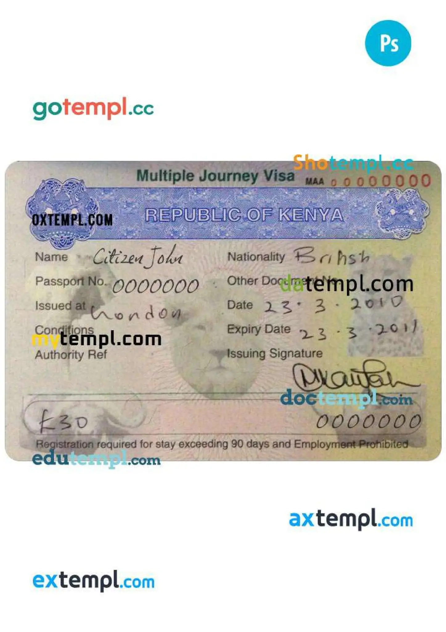Kenya Multiple Journey Visa PSD Template Completely Editable 