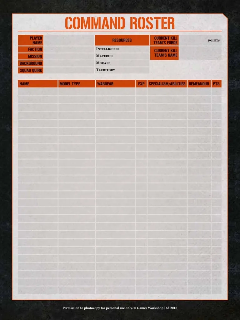 Kill Team Blank Roster Datacards PDF Leisure Sports