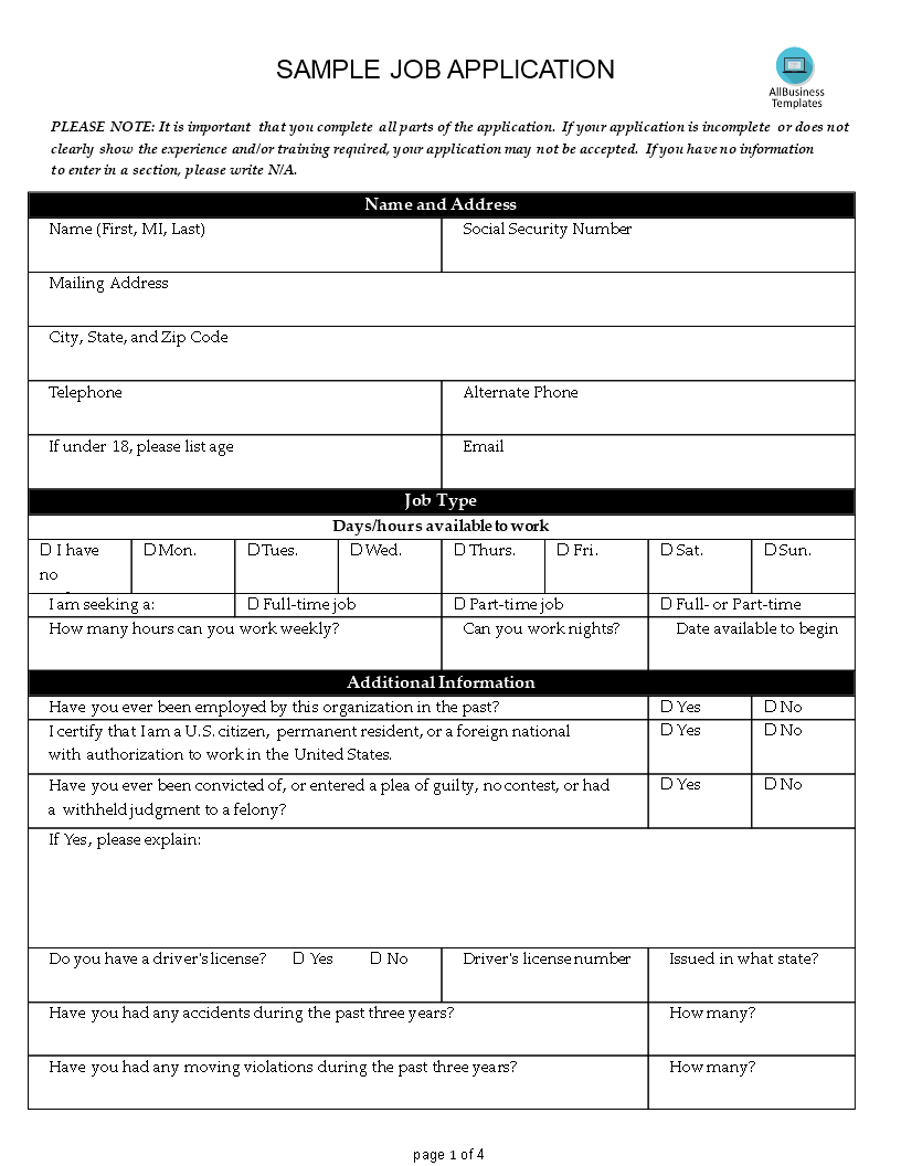 Printable Blank Generic Job Applications
