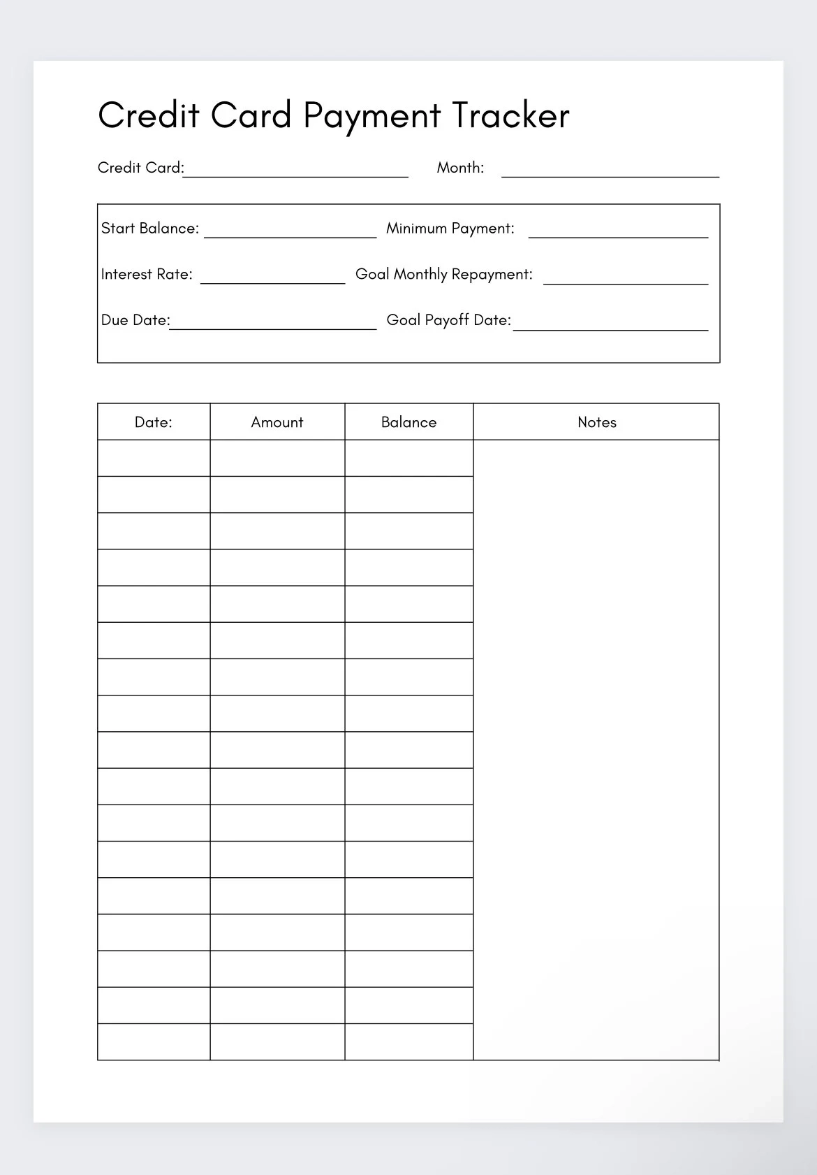 Blank Debit Card Tracker Printable