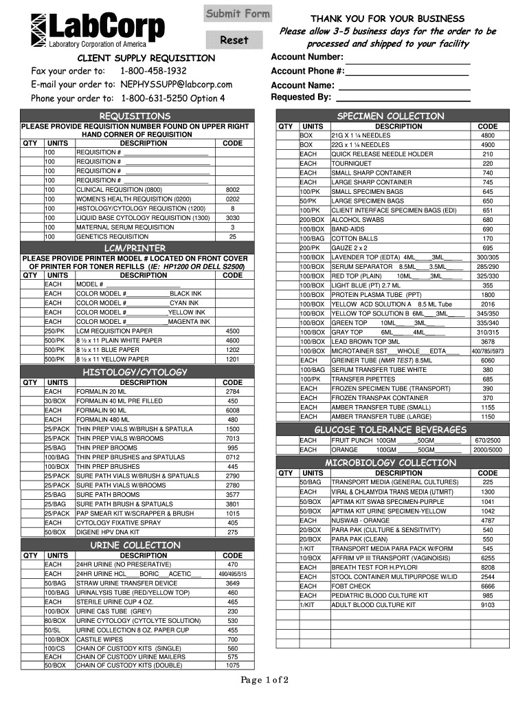 LabCorp Client Supply Requisition Form Fill Online Printable 