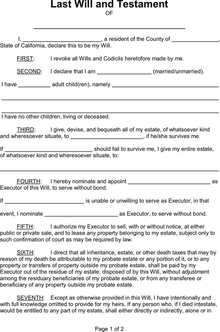Free Printable Blank Will Forms