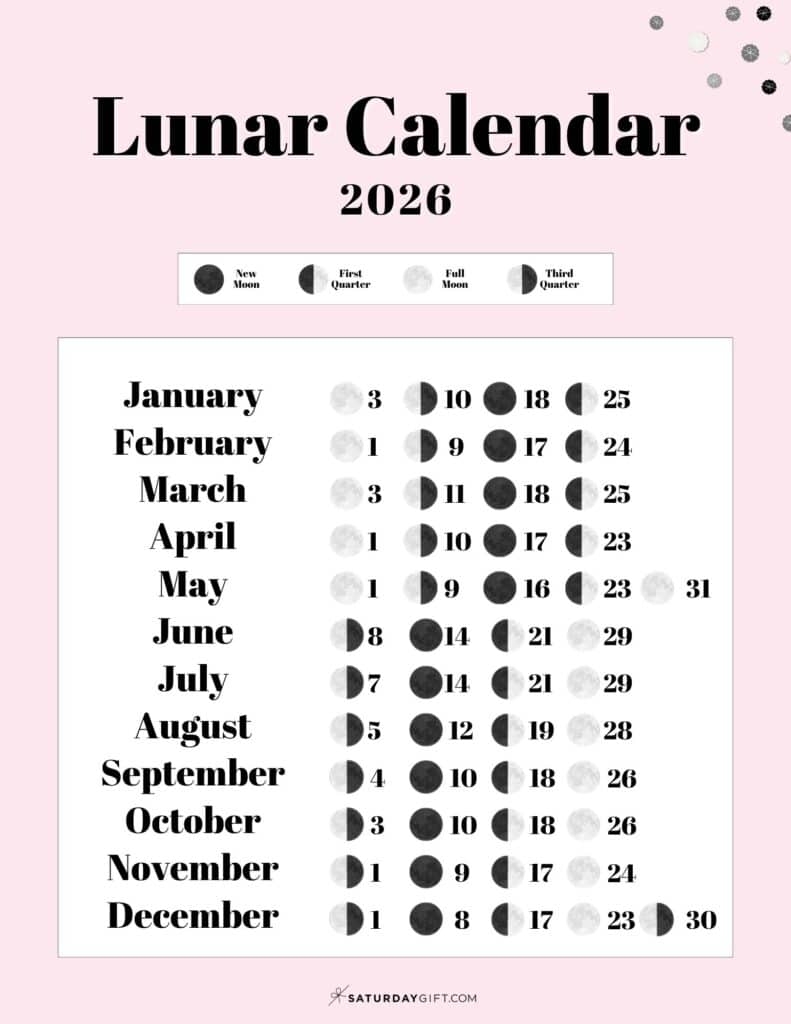 Lunar Calendar 2026 12 Moon Phase Calendar Printables