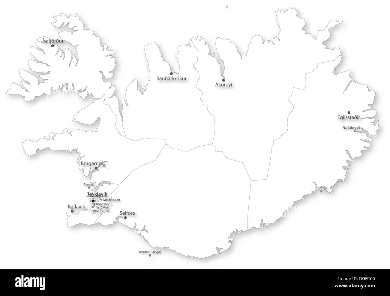 Map Of Iceland With Regions And Main Cities On White Stock Photo 