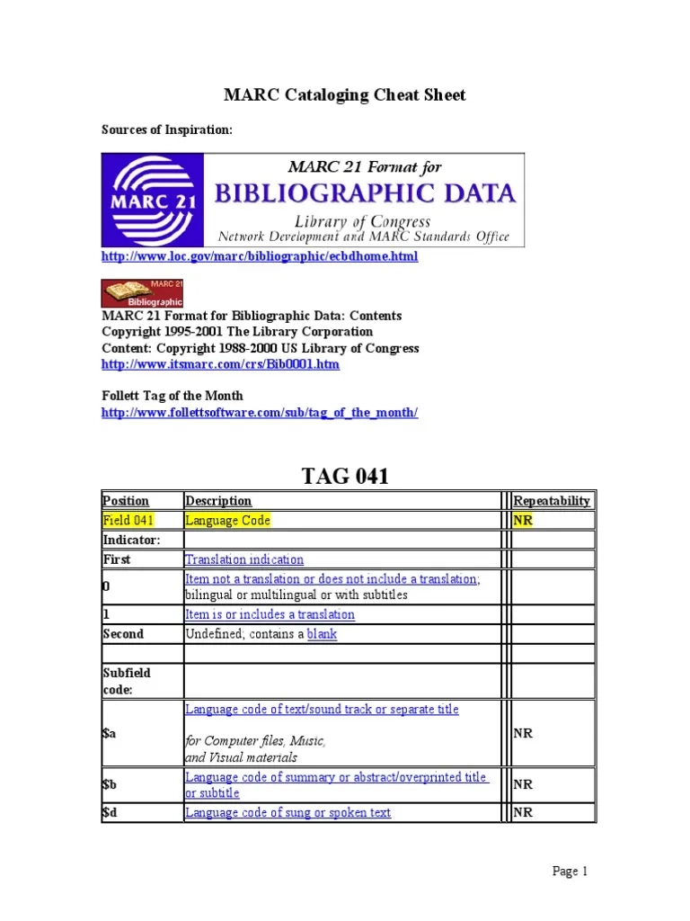 MARC Cataloging Cheat Sheet PDF Cataloging Language Mechanics