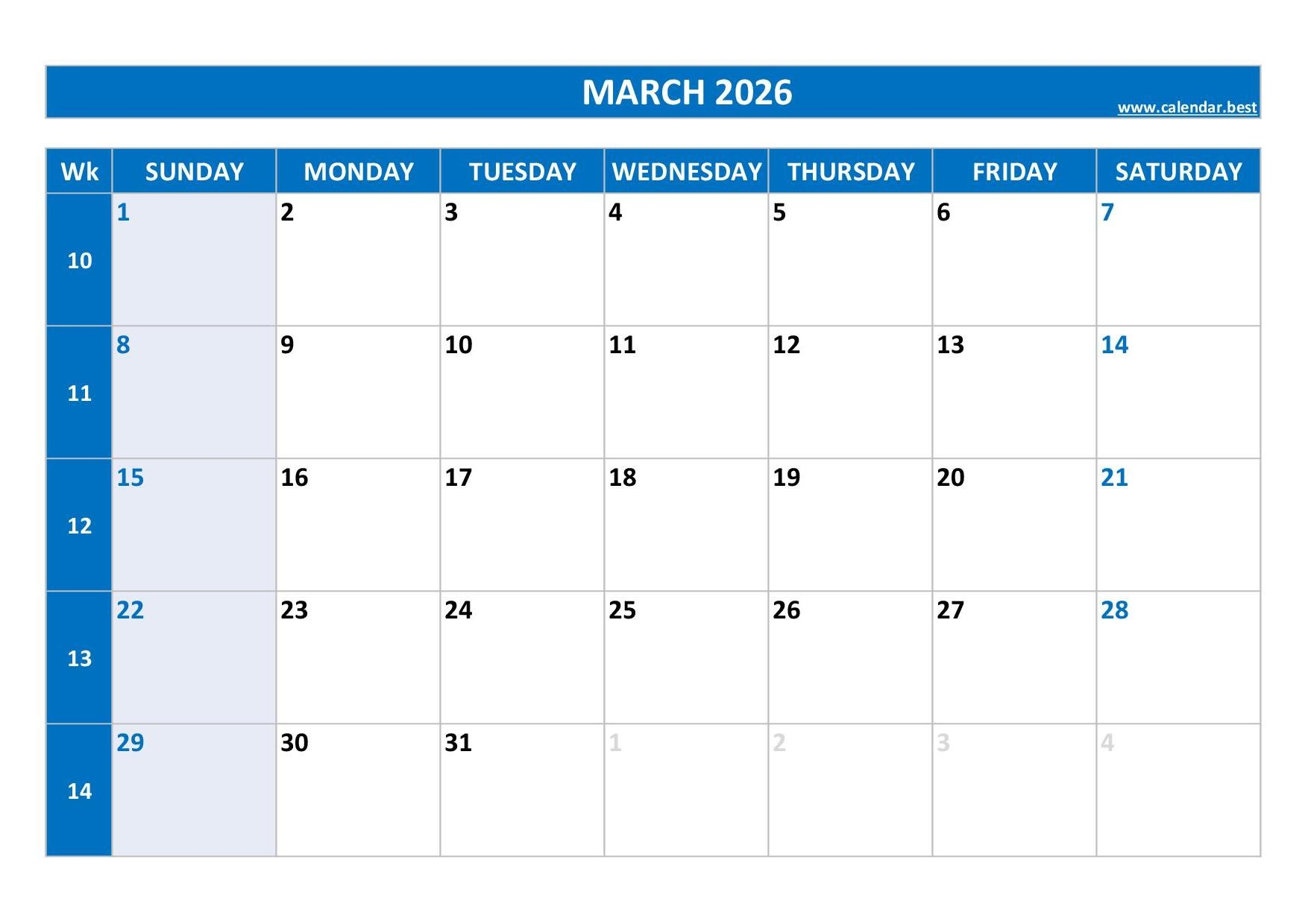 March 2026 Blank Calendar Printable