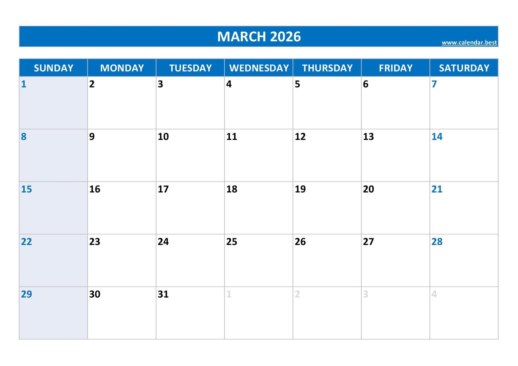 Blank Printable Calendar March 2026