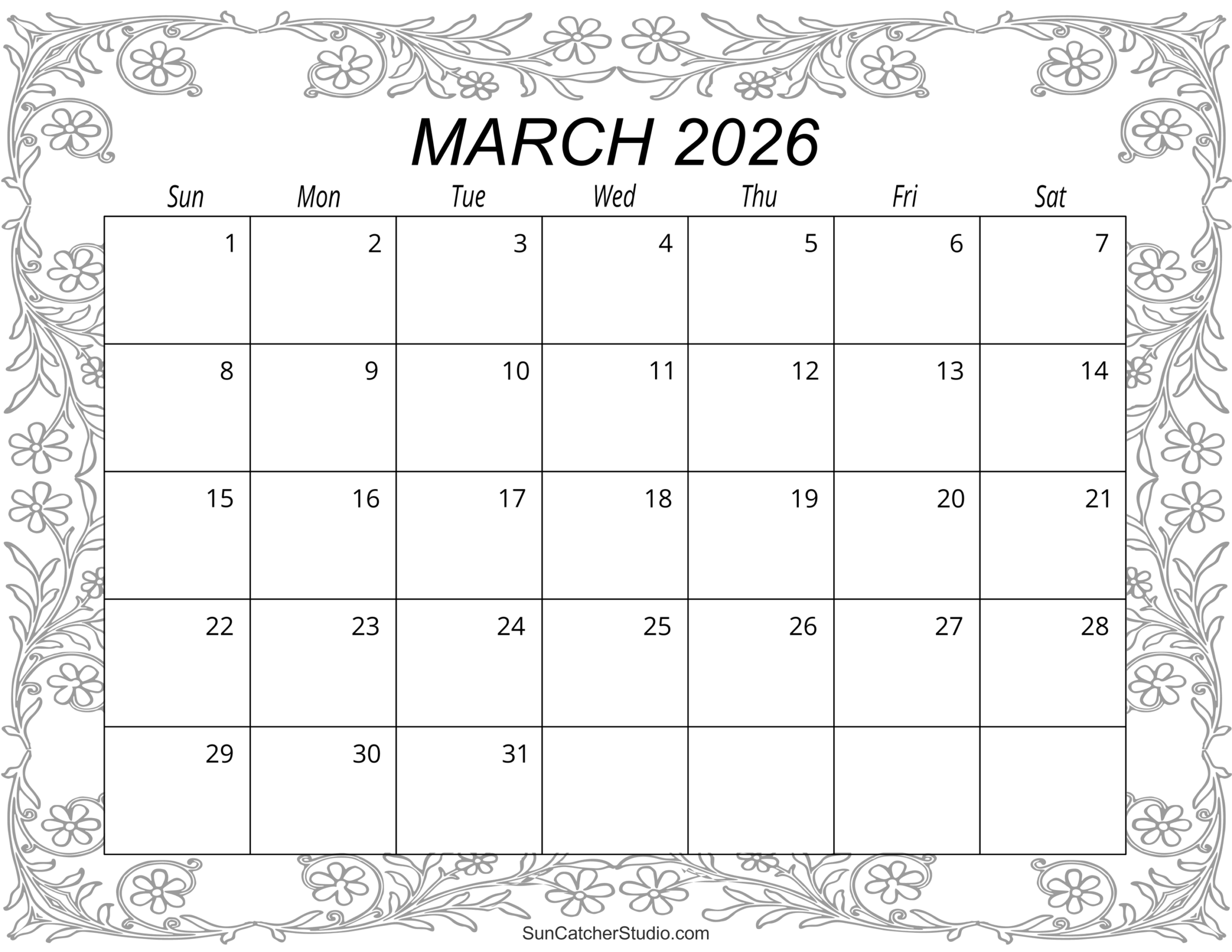 Printable March Blank Calendar 2026