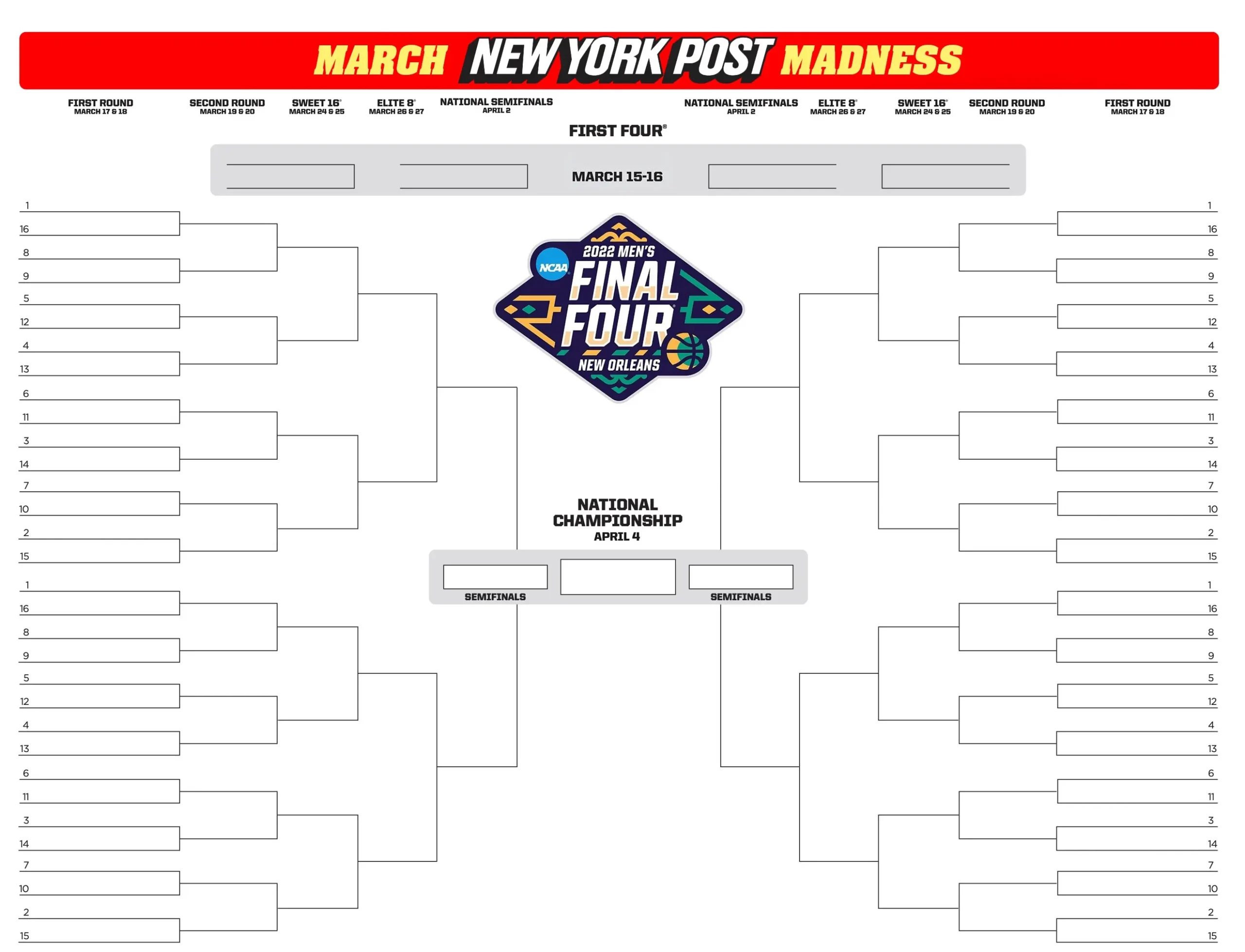 March Madness 2022 Printable Blank NCAA Bracket Template