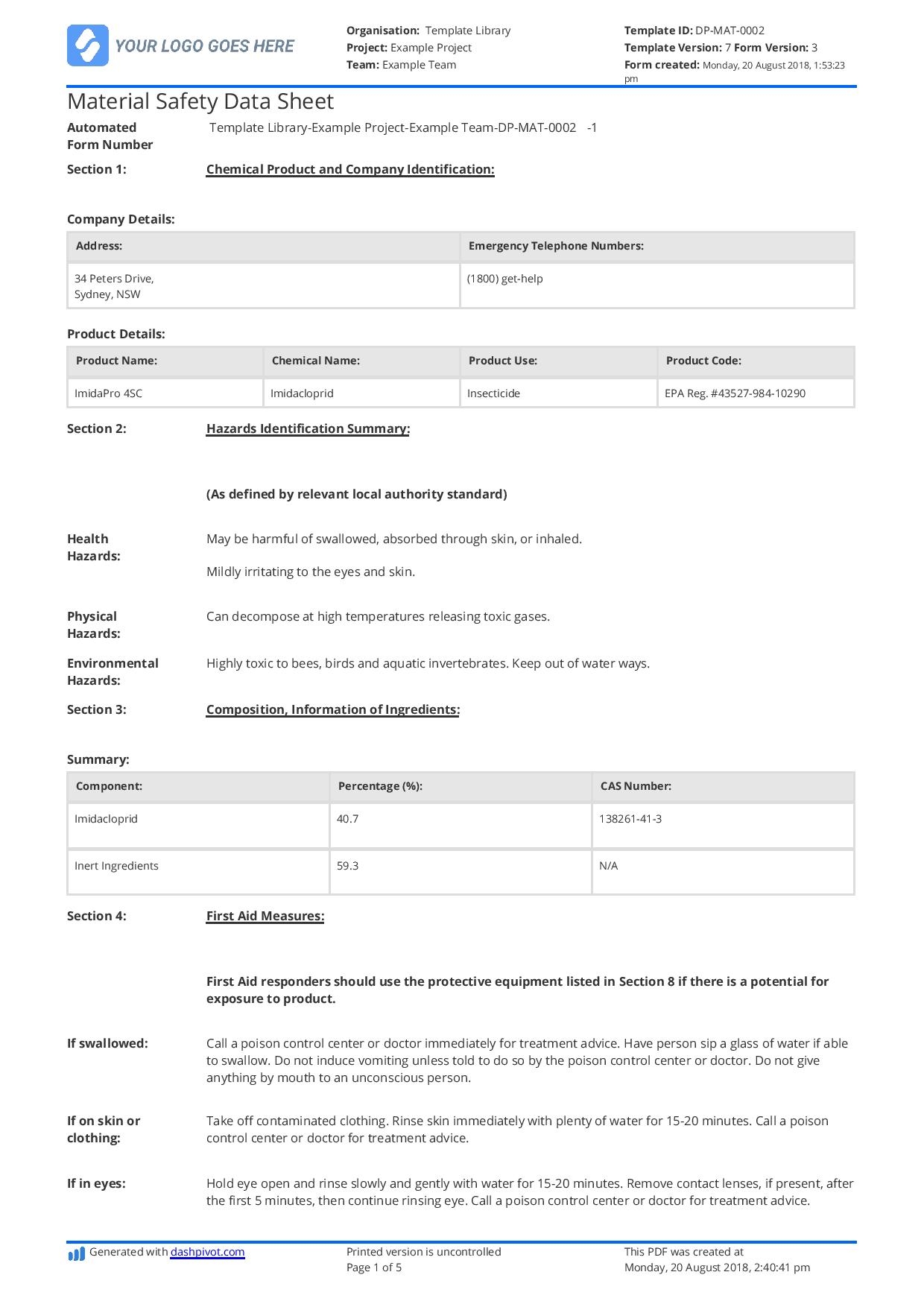 Material Safety Data Sheet Template Download For Free