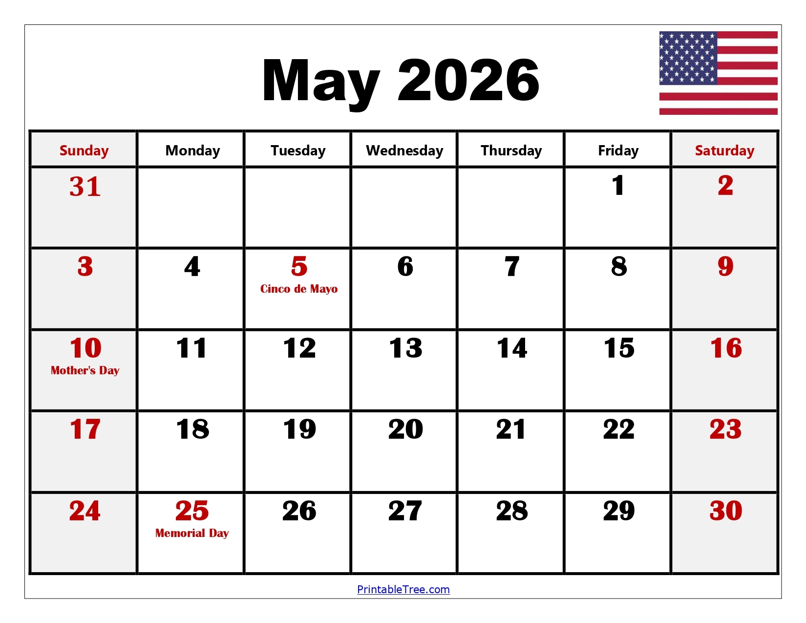 Blank Printable May Calendar 2026