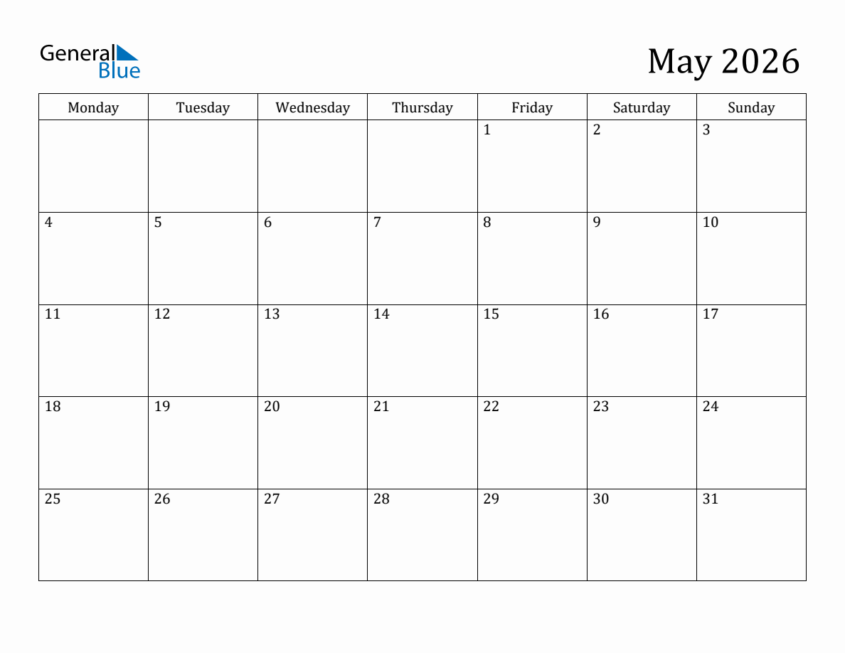 May 2026 Monday Start Calendar PDF Excel Word 