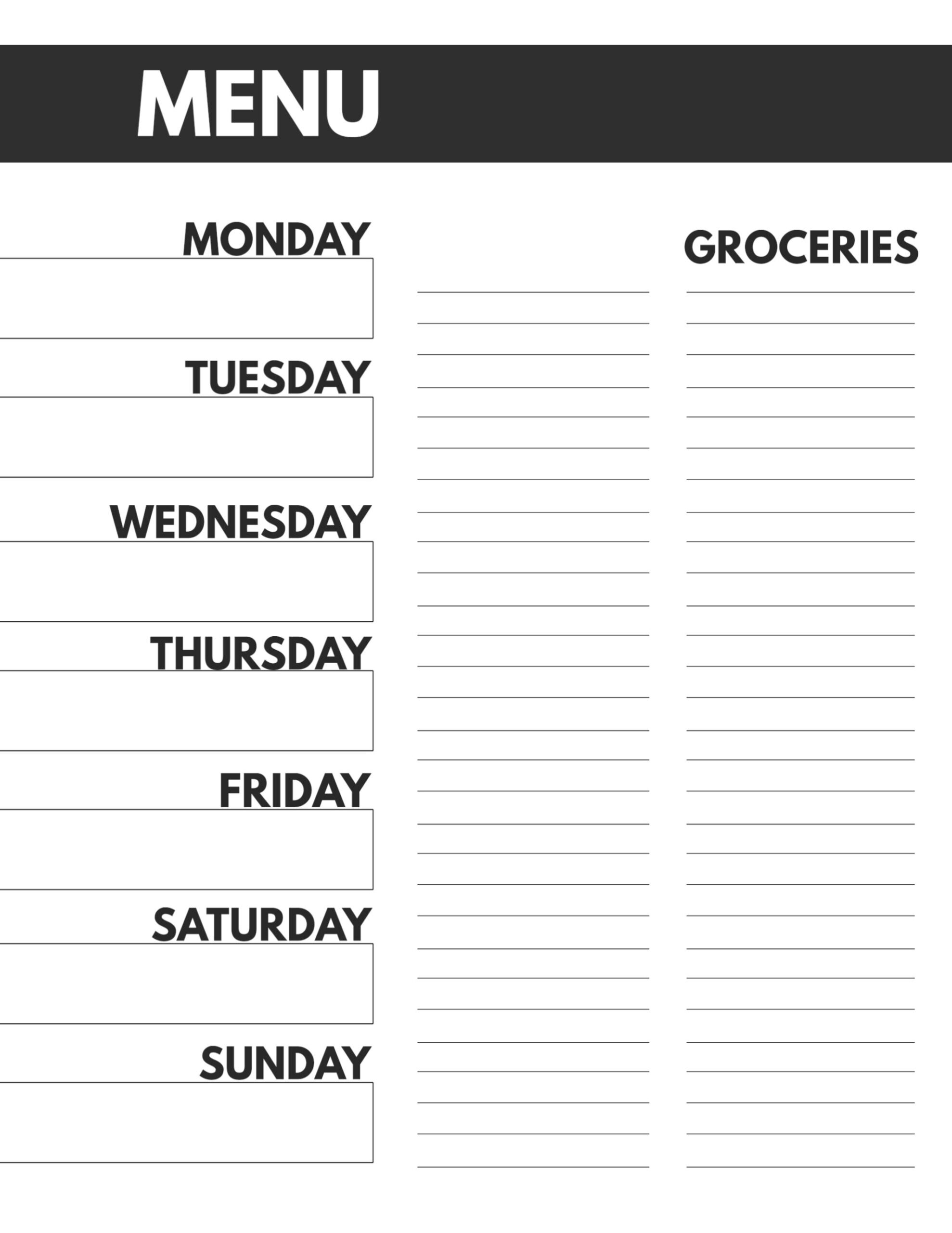 Printable Blank Sunday-Saturday Menus