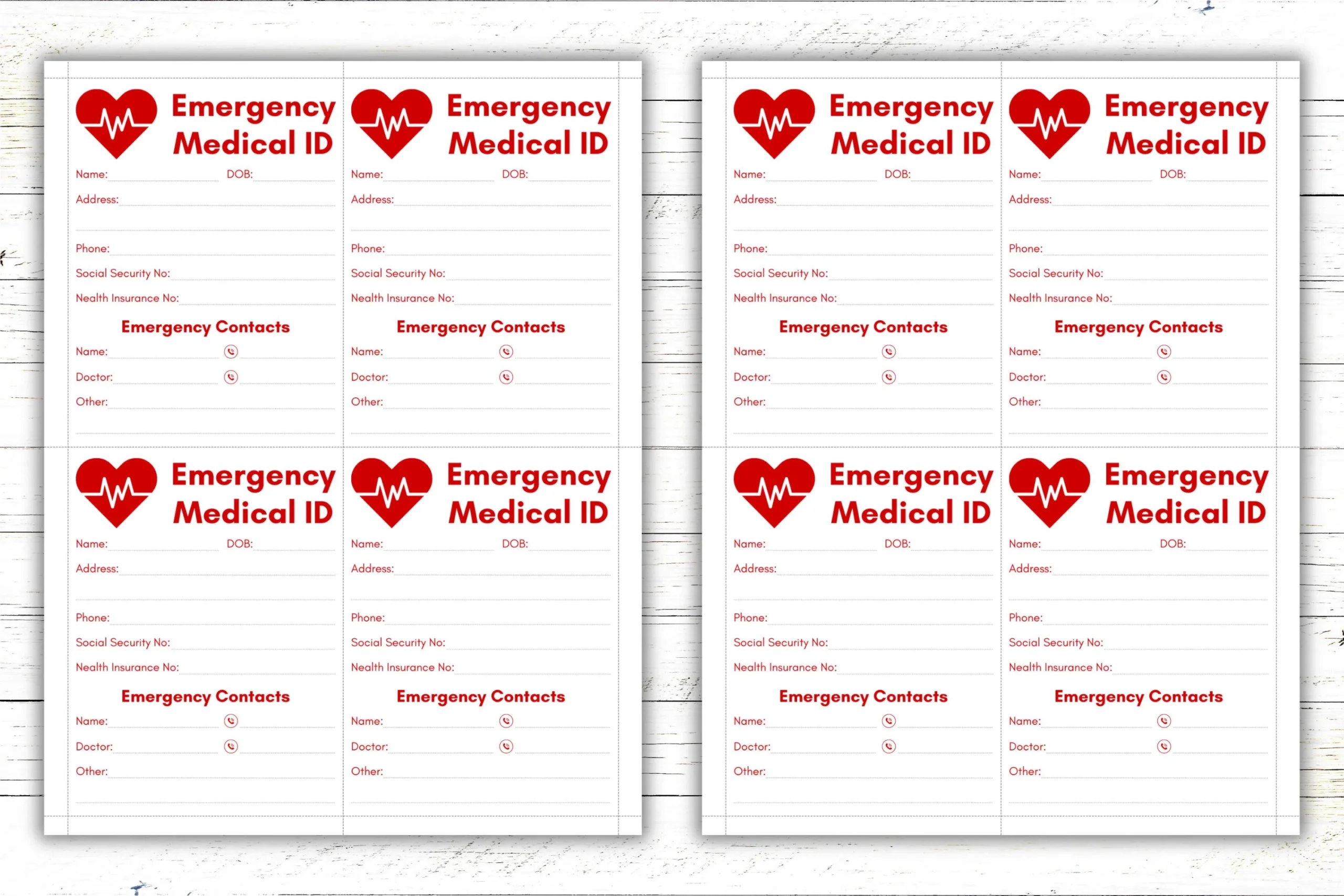 Medical ID Card Template Emergency Contact Form printable Etsy