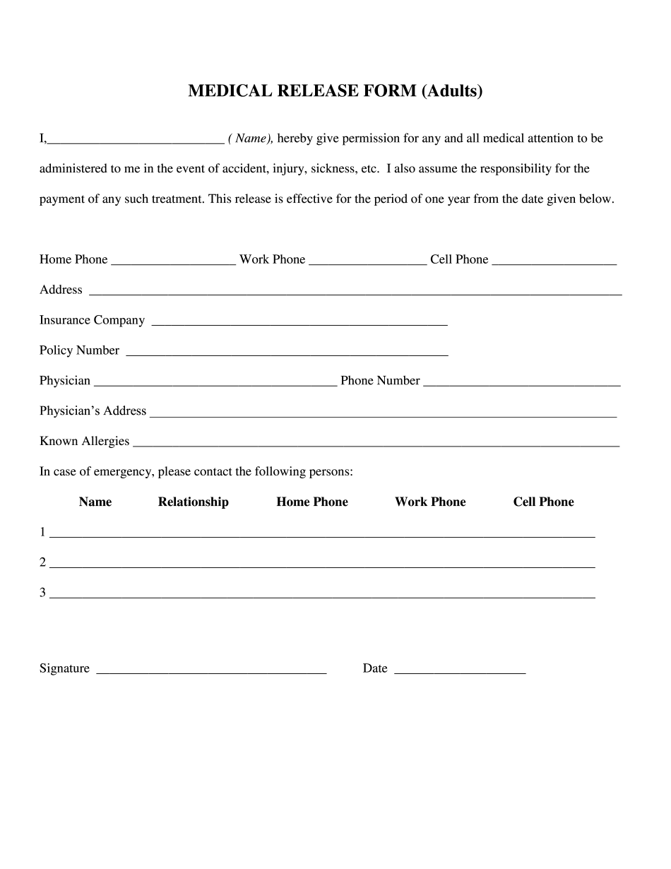 Medical Release Form Fill Online Printable Fillable Blank
