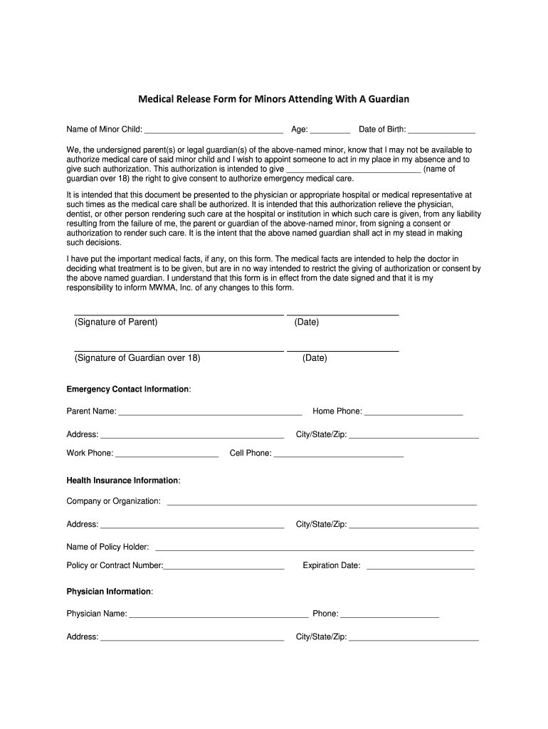 Medical Release Form For Minors Attending With A Guardian Fill 
