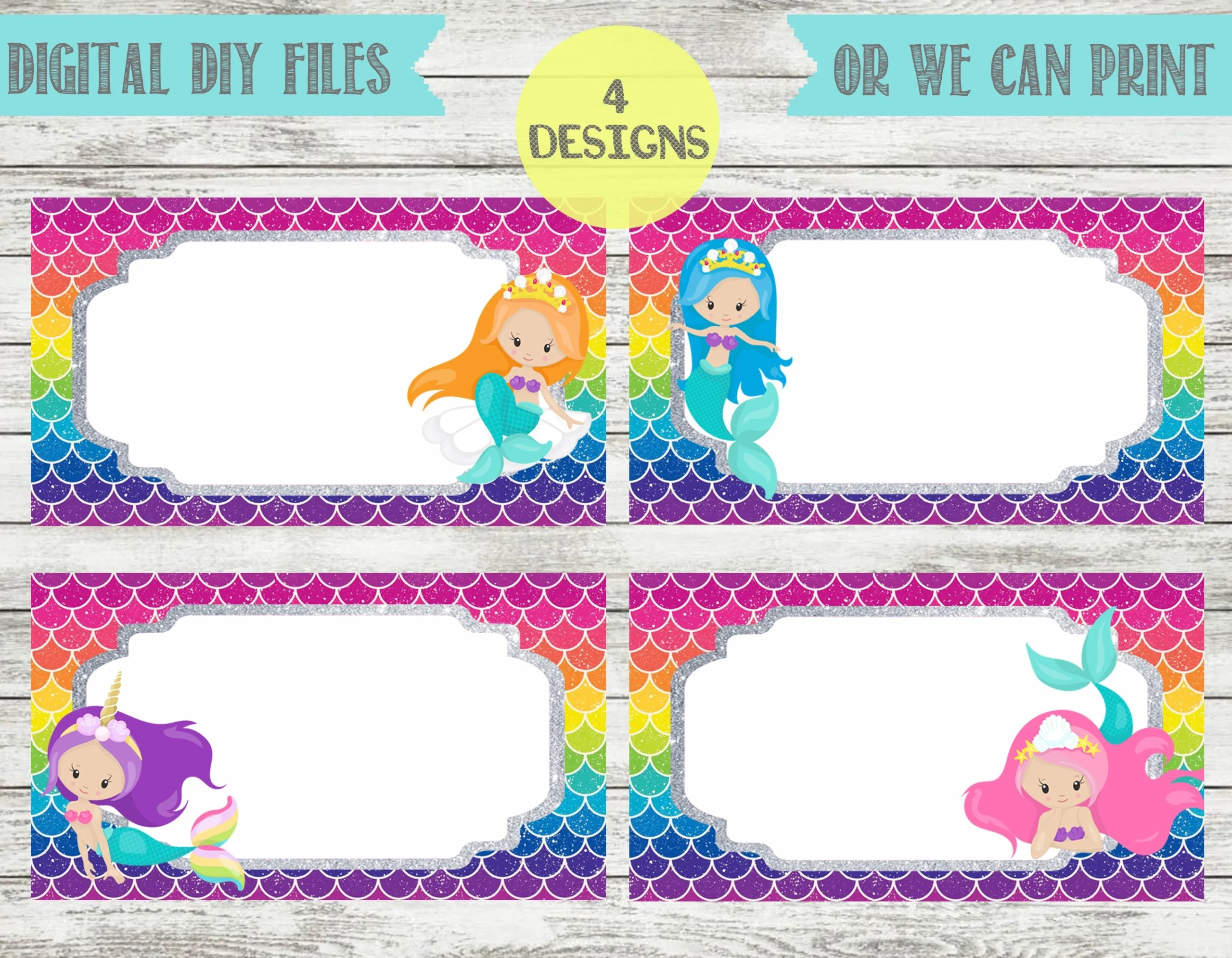 Mermaid Blank Food Tent Cards Labels Blank Place Cards Rainbow 