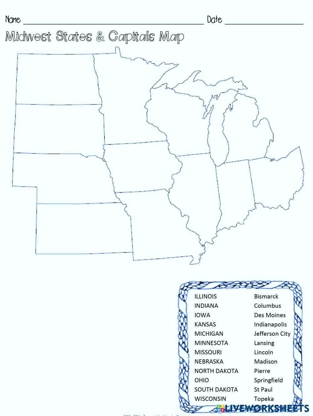 Midwest States Map Blank Printable
