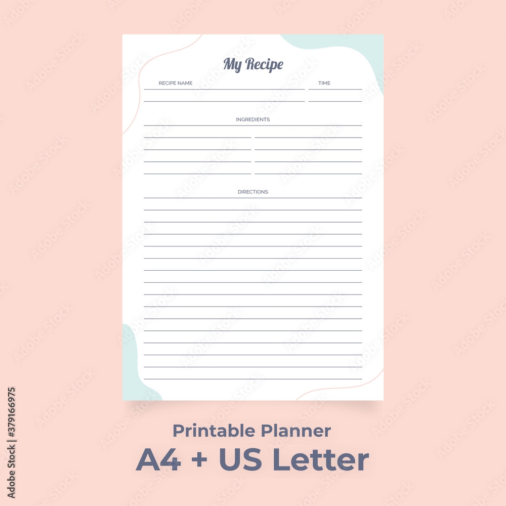 Minimalist Food Recipe Planner Printable Simple Ingredients Form 
