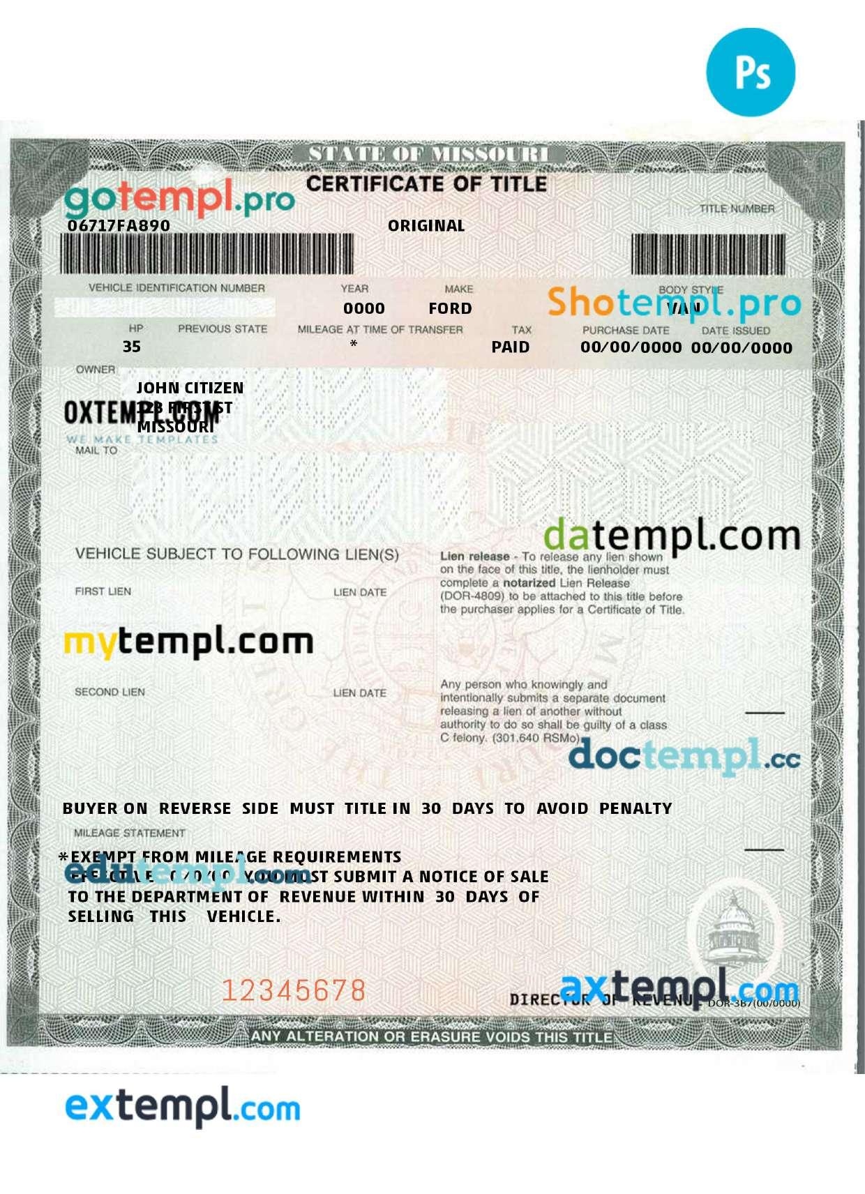 Missouri Certificate Of Title Of A Vehicle car Title Template In 