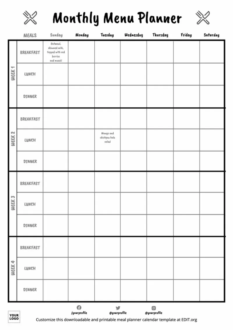 Printable Blank Menu Calendar