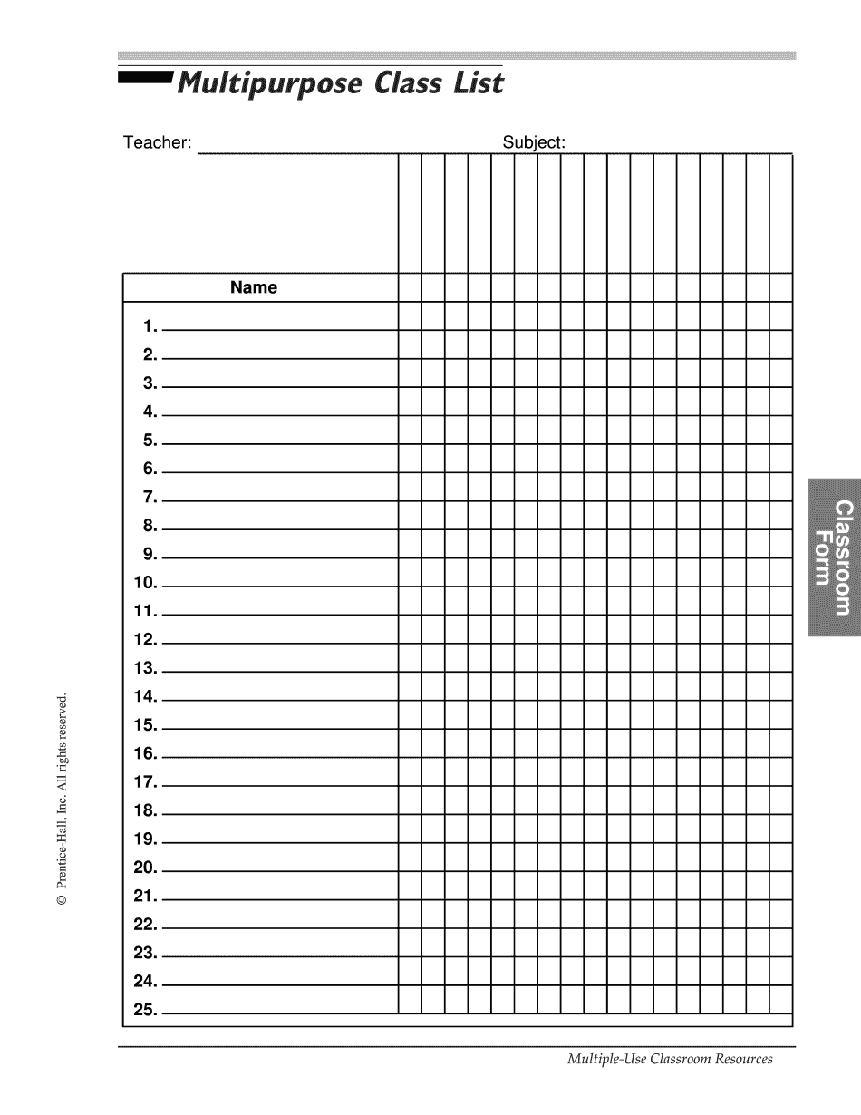 Printable Class Roster Blank