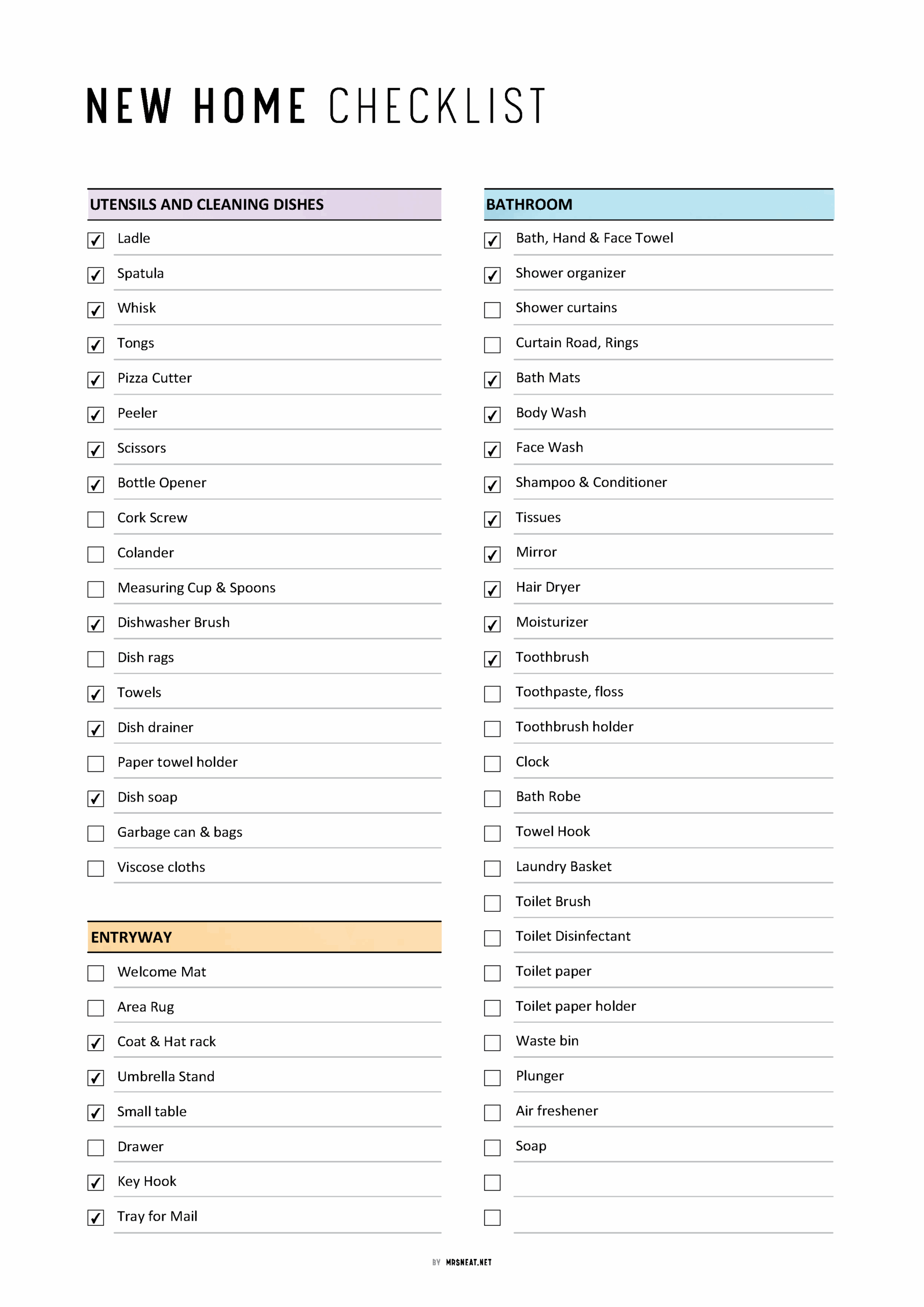 New House Checklist Template M475 Mrsneat